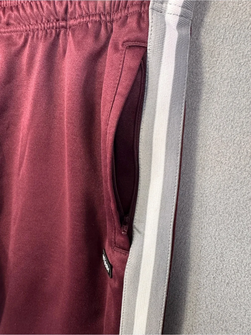 Stussy Men's Burgundy Maroon Poly Track Pants w/Side Grey + White Stripes, M